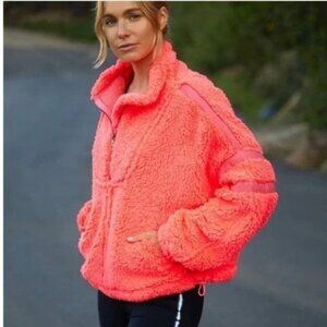 Free People Nantucket Fleece Sherpa Sweater Size S Neon Coral Cozy Lounge